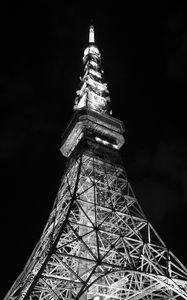 Preview wallpaper tower, bw, night, lights, design, architecture