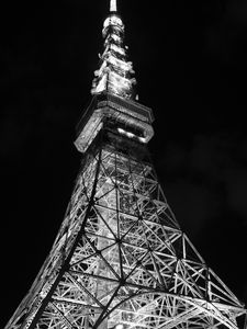 Preview wallpaper tower, bw, night, lights, design, architecture
