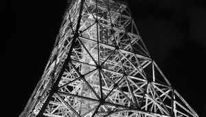 Preview wallpaper tower, bw, night, lights, design, architecture