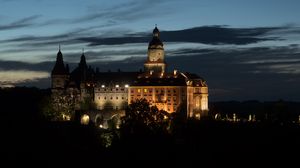 Preview wallpaper tower, castle, glow, night