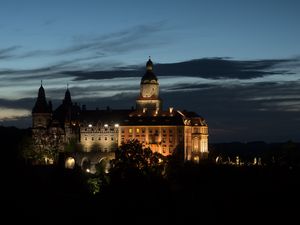 Preview wallpaper tower, castle, glow, night