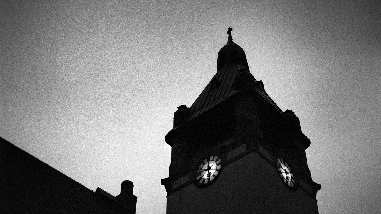 Wallpaper tower, chapel, clock, evening, black and white