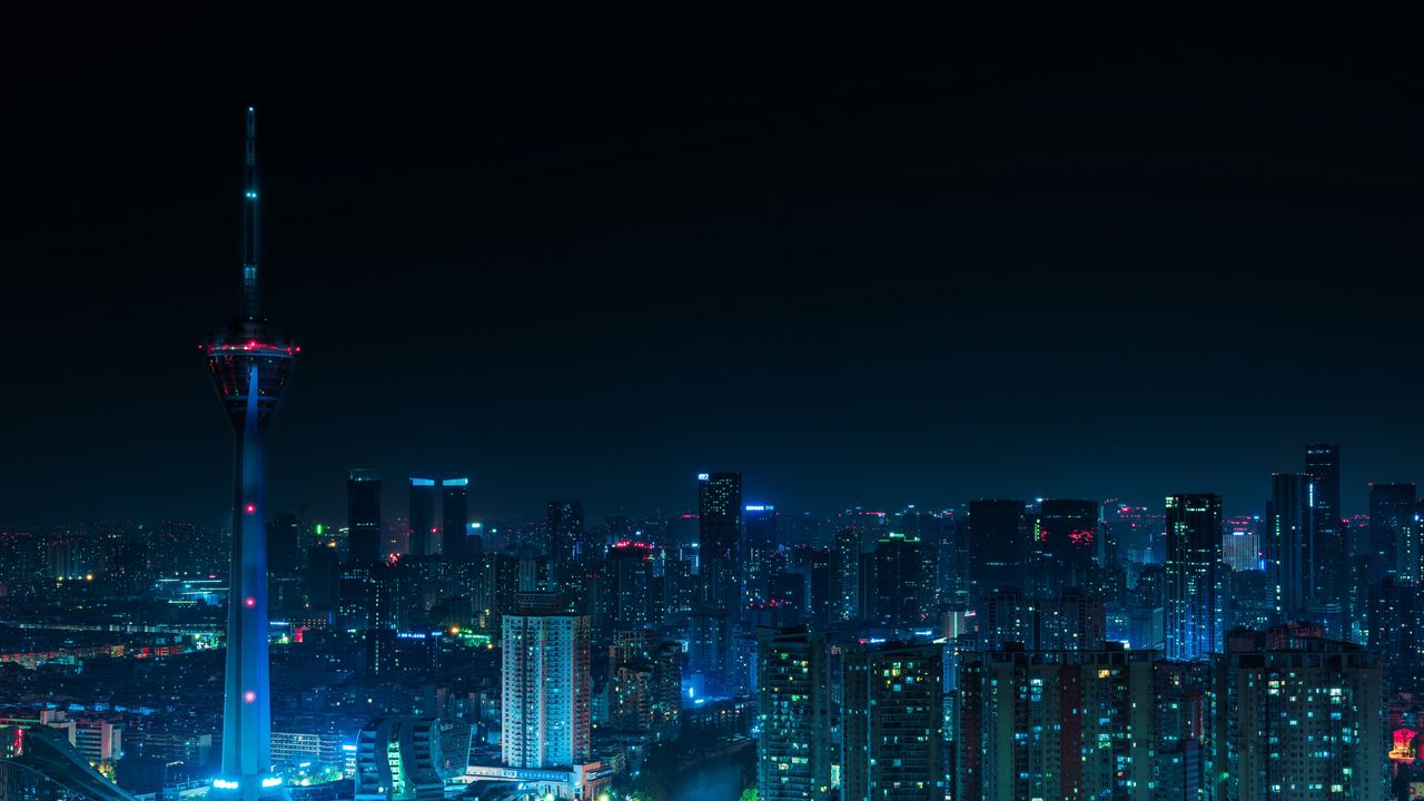 Wallpaper tower, city, architecture, lights, night