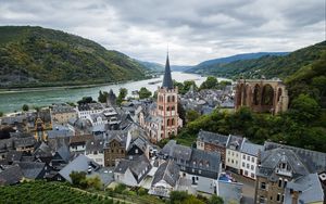 Preview wallpaper tower, city, river, mountains