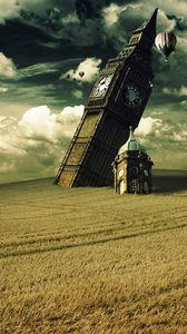 Preview wallpaper tower, clock, big ben, fall, irrealism, field