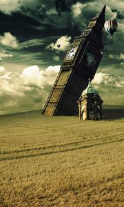 Preview wallpaper tower, clock, big ben, fall, irrealism, field