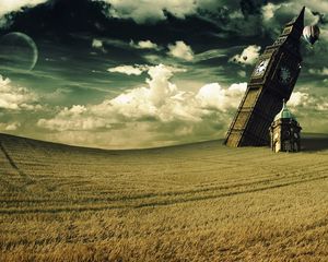 Preview wallpaper tower, clock, big ben, fall, irrealism, field