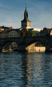 Preview wallpaper tower, clock, bridge, river, city