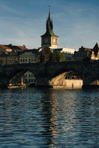 Preview wallpaper tower, clock, bridge, river, city