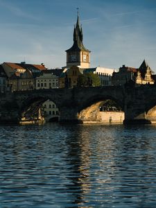 Preview wallpaper tower, clock, bridge, river, city