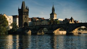 Preview wallpaper tower, clock, bridge, river, city