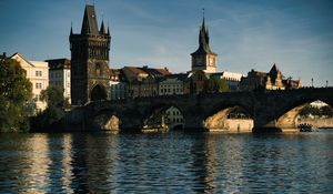 Preview wallpaper tower, clock, bridge, river, city