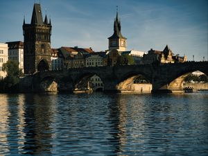 Preview wallpaper tower, clock, bridge, river, city