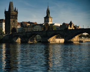 Preview wallpaper tower, clock, bridge, river, city