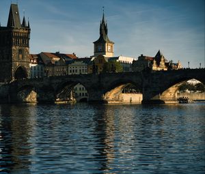 Preview wallpaper tower, clock, bridge, river, city