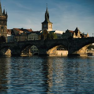 Preview wallpaper tower, clock, bridge, river, city