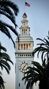 Preview wallpaper tower, clock, buildings, architecture, palm trees