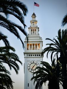 Preview wallpaper tower, clock, buildings, architecture, palm trees
