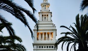 Preview wallpaper tower, clock, buildings, architecture, palm trees