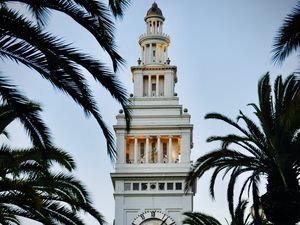 Preview wallpaper tower, clock, buildings, architecture, palm trees