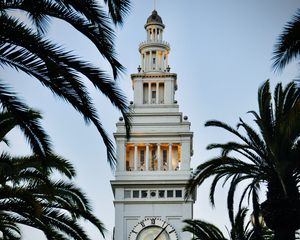 Preview wallpaper tower, clock, buildings, architecture, palm trees