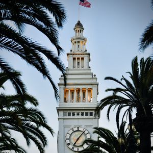 Preview wallpaper tower, clock, buildings, architecture, palm trees