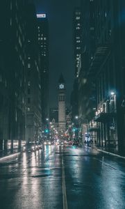 Preview wallpaper tower, clock, buildings, architecture, road, dark