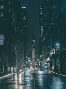 Preview wallpaper tower, clock, buildings, architecture, road, dark