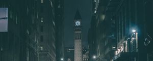 Preview wallpaper tower, clock, buildings, architecture, road, dark