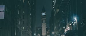 Preview wallpaper tower, clock, buildings, architecture, road, dark