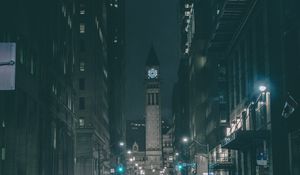 Preview wallpaper tower, clock, buildings, architecture, road, dark