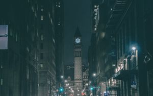 Preview wallpaper tower, clock, buildings, architecture, road, dark