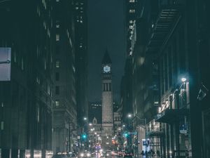 Preview wallpaper tower, clock, buildings, architecture, road, dark