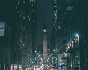 Preview wallpaper tower, clock, buildings, architecture, road, dark