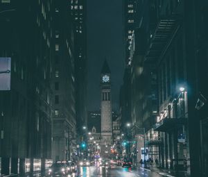 Preview wallpaper tower, clock, buildings, architecture, road, dark