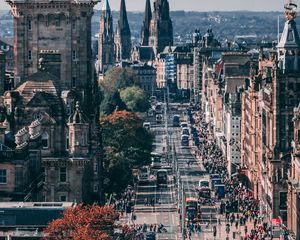 Preview wallpaper tower, clock, buildings, architecture, street, city