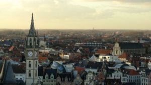 Preview wallpaper tower, clock, buildings, architecture, city, sunrise