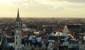 Preview wallpaper tower, clock, buildings, architecture, city, sunrise