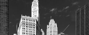 Preview wallpaper tower, clock, buildings, architecture, city, black and white