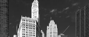 Preview wallpaper tower, clock, buildings, architecture, city, black and white