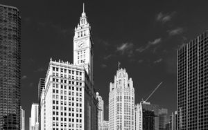 Preview wallpaper tower, clock, buildings, architecture, city, black and white