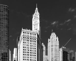 Preview wallpaper tower, clock, buildings, architecture, city, black and white