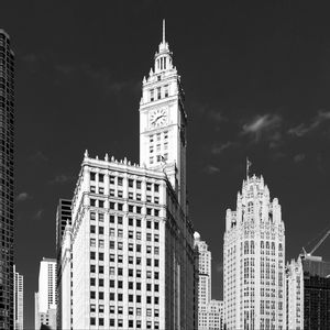 Preview wallpaper tower, clock, buildings, architecture, city, black and white