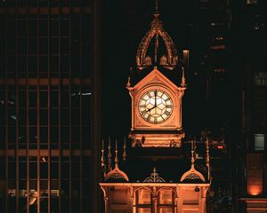 Preview wallpaper tower, clock, night, backlight, darkness