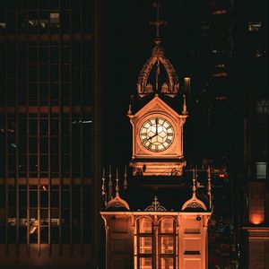 Preview wallpaper tower, clock, night, backlight, darkness