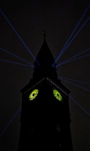 Preview wallpaper tower, clock, rays, light, dark