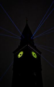 Preview wallpaper tower, clock, rays, light, dark