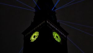 Preview wallpaper tower, clock, rays, light, dark