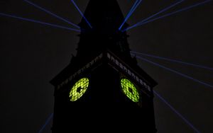 Preview wallpaper tower, clock, rays, light, dark