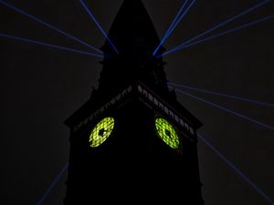 Preview wallpaper tower, clock, rays, light, dark